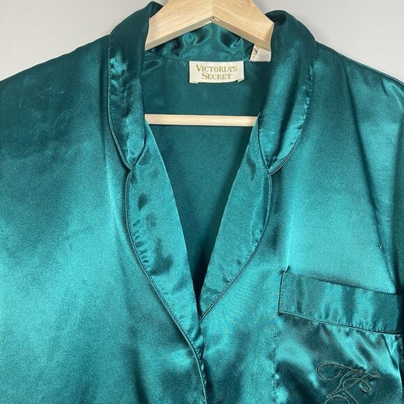 Vtg Victoria's Secret Gold Label Green Satin Button Down Sleep Shirt S Designer - Picture 4 of 13